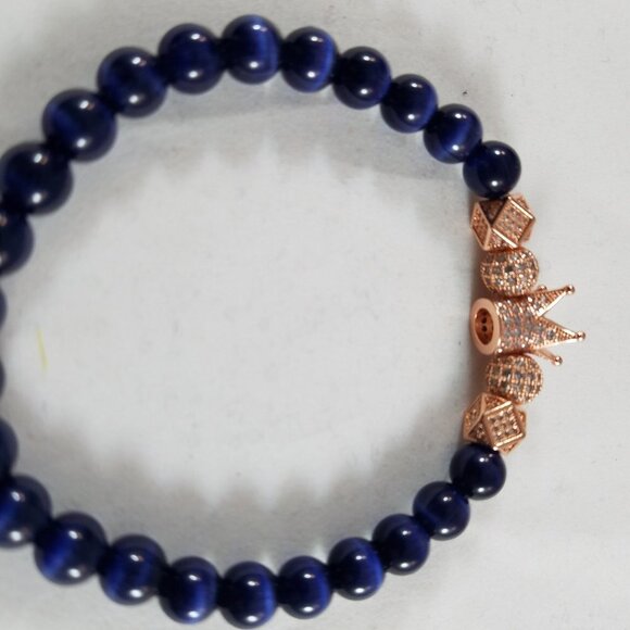 Hand Crafted Cat's Eye Rose Gold Pave Crown Stretch Bracelet Blue 7 3/4” Unisex - Picture 5 of 6